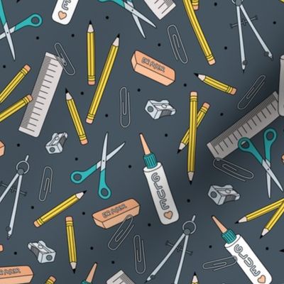 Back to school art and math supplies for the classroom pencils glue scissors class kids design teal yellow cool gray