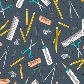 Back to school art and math supplies for the classroom pencils glue scissors class kids design teal yellow cool gray