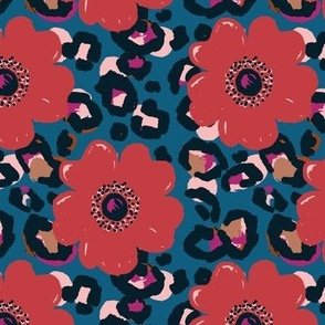 Paintilly Flowers leopard Print | Hand painted abstract| Teal Red Magenta