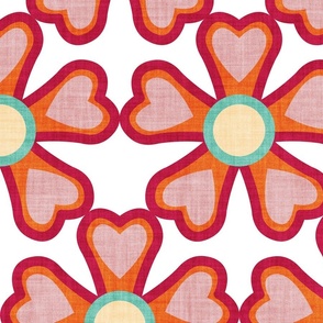 Large jumbo scale // Groovy retro flowers // white background ivory spearmint orange blush pink and cardinal red bold blooms