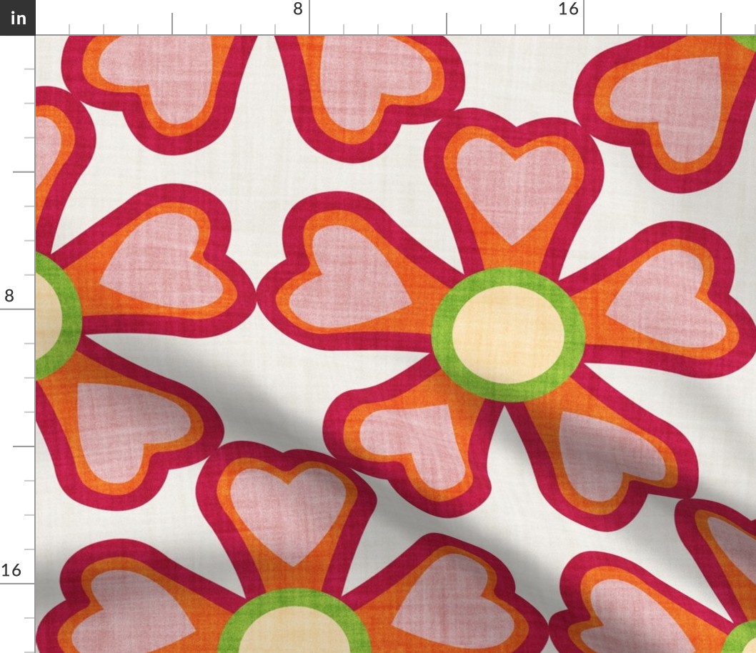 Large jumbo scale // Groovy retro flowers // beige background ivory limerick green orange blush pink and cardinal red bold blooms
