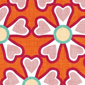 Large jumbo scale // Groovy retro flowers // orange background ivory spearmint white blush pink and cardinal red bold blooms