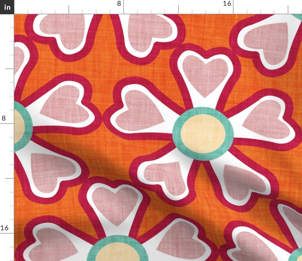 Large jumbo scale // Groovy retro flowers // orange background ivory spearmint white blush pink and cardinal red bold blooms