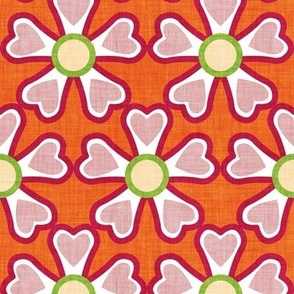 Small scale // Groovy retro flowers // orange background ivory limerick green white blush pink and cardinal red bold blooms