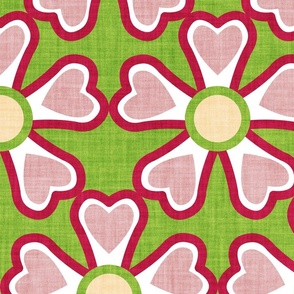 Large jumbo scale // Groovy retro flowers // limerick green background ivory white blush pink and cardinal red bold blooms