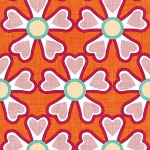 Small scale // Groovy retro flowers // orange background ivory spearmint white blush pink and cardinal red bold blooms