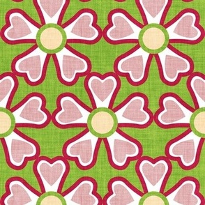 Small scale // Groovy retro flowers // limerick green background ivory white blush pink and cardinal red bold blooms
