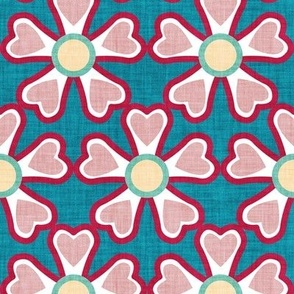 Small scale // Groovy retro flowers // allports blue background ivory spearmint white blush pink and cardinal red bold blooms