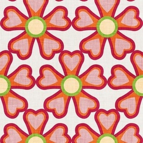 Small scale // Groovy retro flowers // beige background ivory limerick green orange blush pink and cardinal red bold blooms