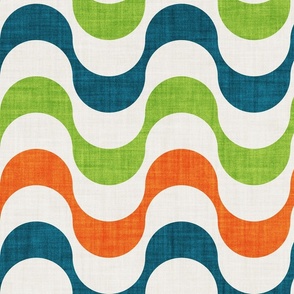 Large jumbo scale // Groovy waves // orange limerick green blue lagoon and beige horizontal wavy retro stripes