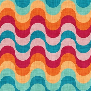 Normal scale // Groovy waves // carmine red orange teal spearmint and blush pink horizontal wavy retro stripes