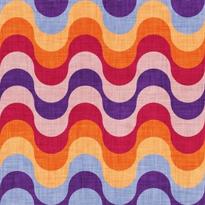 Normal scale // Groovy waves // carmine red orange violet and blush pink horizontal wavy retro stripes