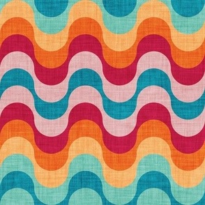 Small scale // Groovy waves // carmine red orange teal spearmint and blush pink horizontal wavy retro stripes