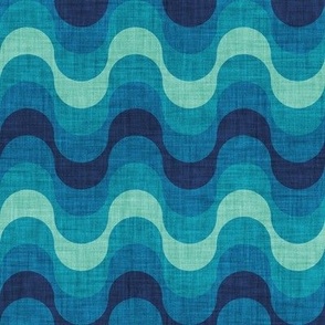 Small scale // Groovy waves // blue teal and spearmint horizontal wavy retro stripes