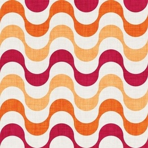 Small scale // Groovy waves // carmine red orange and beige horizontal wavy retro stripes
