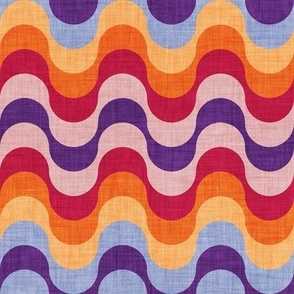 Small scale // Groovy waves // carmine red orange violet and blush pink horizontal wavy retro stripes