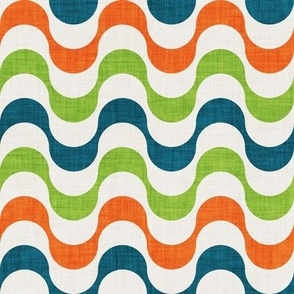 Small scale // Groovy waves // orange limerick green blue lagoon and beige horizontal wavy retro stripes