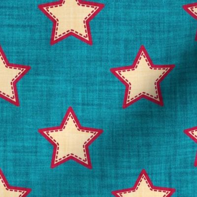 Normal scale // Groovy stars // teal textured background ivory stitched stars cardinal red outlined