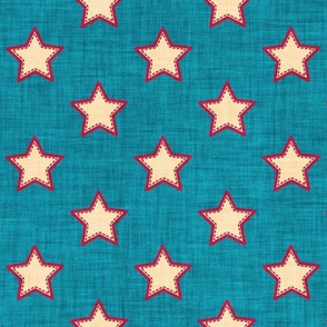 Normal scale // Groovy stars // teal textured background ivory stitched stars cardinal red outlined