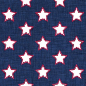 Normal scale // Groovy stars // navy blue textured background white stitched stars cardinal red outlined