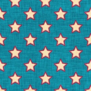 Small scale // Groovy stars // teal textured background ivory stitched stars cardinal red outlined