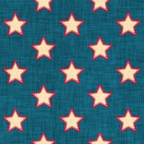 Normal scale // Groovy stars // blue lagoon textured background beige stitched stars cardinal red outlined
