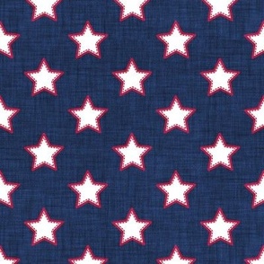 Small scale // Groovy stars // navy blue textured background white stitched stars cardinal red outlined
