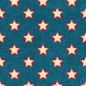 Small scale // Groovy stars // blue lagoon textured background beige stitched stars cardinal red outlined