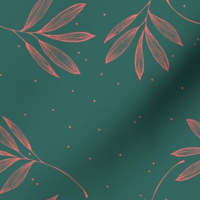 Sketched Leaves and Spots in Pink on Green