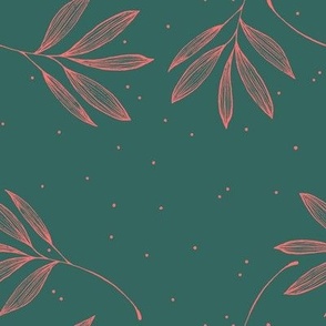 Sketched Leaves and Spots in Pink on Green