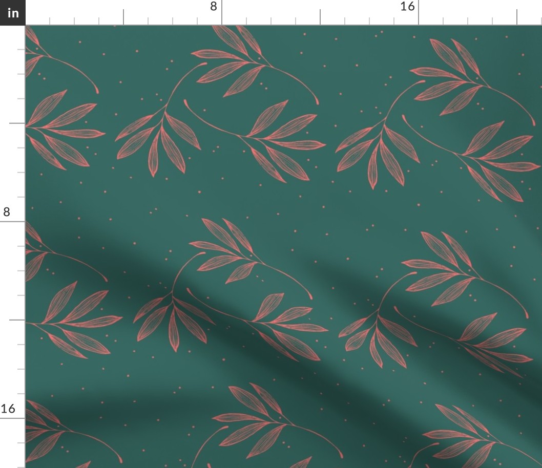 Sketched Leaves and Spots in Pink on Green