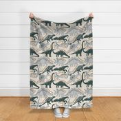 Cute Hand drawn Playful Dinosaurs - tyrannosaurus rex, brontosaurus, triceratops, ankylosaurus, velociraptor, Spinosaurus, stegosaurus, Pterosaur in beige ivory, burnt orange, charcoal gray, ashy gray