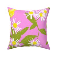 Butterfly Daisy Flowers On Pink Big Pretty  Retro Modern Cottagecore Scandi Yellow And White Wildflower Swedish Floral Pattern 