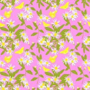 Butterfly Daisy Flowers On Pink Mini Pretty  Retro Modern Cottagecore Scandi Yellow And White Wildflower Swedish Floral Pattern 