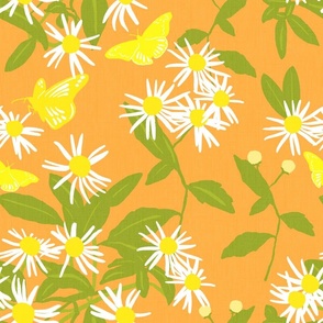 Butterfly Daisy Flowers On Orange Pretty  Retro Modern Cottagecore Scandi Yellow And White Wildflower Swedish Floral Pattern