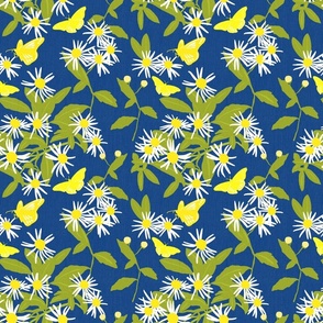 Butterfly Daisy Flowers On Navy Blue Pretty  Retro Modern Cottagecore Mini Scandi Yellow And White Wildflower Swedish Floral Pattern