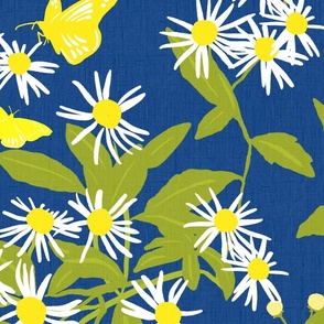 Butterfly Daisy Flowers On Navy Blue Pretty  Retro Modern Cottagecore Scandi Yellow And White Wildflower Swedish Floral Quad Pattern