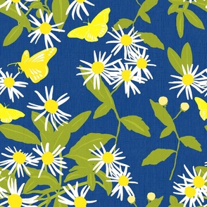 Butterfly Daisy Flowers On Navy Blue Pretty  Retro Modern Cottagecore Scandi Yellow And White Wildflower Swedish Floral Pattern