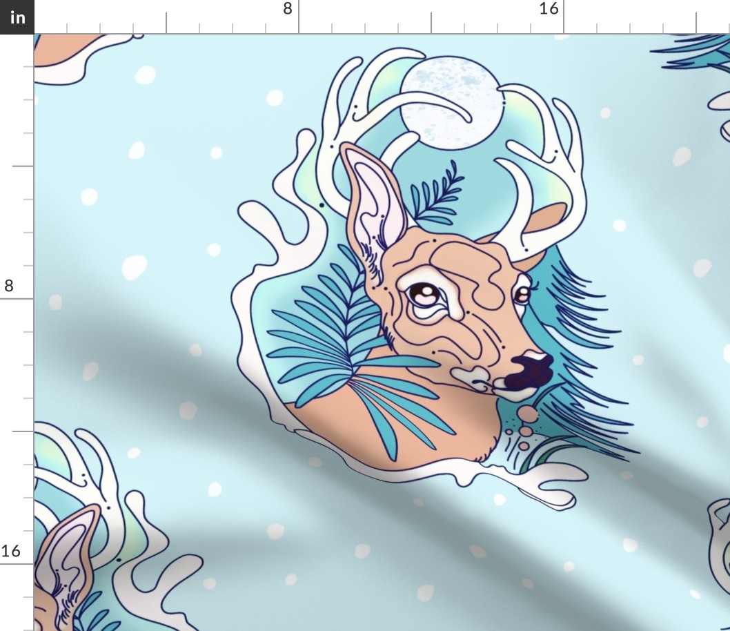 Deer portrait | Snowflakes polka dot | light teal blue baby boy bedroom | forest animals during winter | Big scale | Jumbo