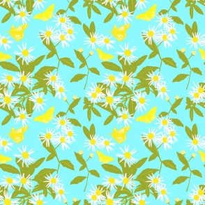 Butterfly Daisy Flowers On Turquoise Pretty  Retro Modern Cottagecore Mini Scandi Yellow And White Wildflower Swedish Floral Pattern