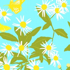 Butterfly Daisy Flowers On Turquoise Pretty  Retro Modern Cottagecore Big Scandi Yellow And White Wildflower Swedish Floral Pattern
