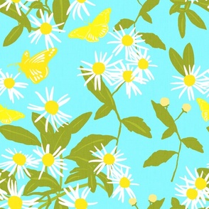 Butterfly Daisy Flowers On Turquoise Pretty  Retro Modern Cottagecore Scandi Yellow And White Wildflower Swedish Quad Floral Pattern