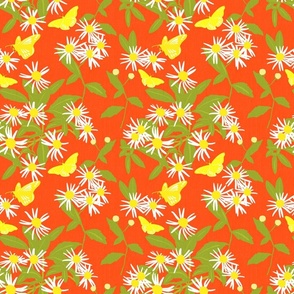 Butterfly Daisy Flowers On Red Pretty  Retro Modern Cottagecore Scandi Yellow And White Wildflower Swedish Floral Pattern