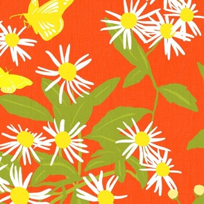 Butterfly Daisy Flowers On Red Pretty  Retro Modern Cottagecore Scandi Yellow And White Wildflower Swedish Floral Pattern