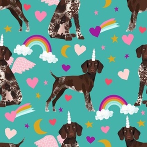 BIGGER german shorthaired pointer fabric rainbows unicorns and pegasus fabric cute rainbows and hearts - turquoise
