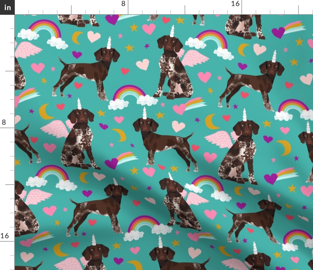 BIGGER german shorthaired pointer fabric rainbows unicorns and pegasus fabric cute rainbows and hearts - turquoise