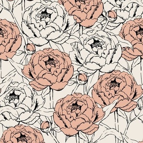 Peonies - ivory, black, dusty pink - large scale