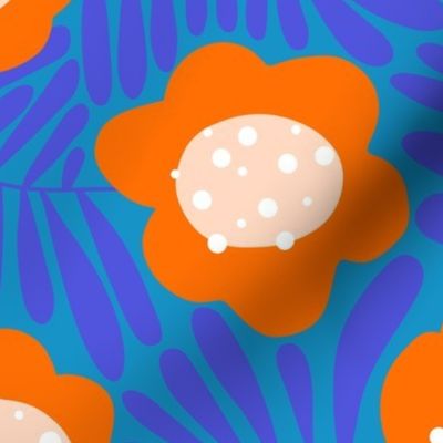 Climbing Flowers V3: Abstract Retro Floral Flower Power in Blue and Orange - Large