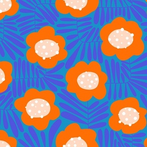 Climbing Flowers V3: Abstract Retro Floral Flower Power in Blue and Orange - Large