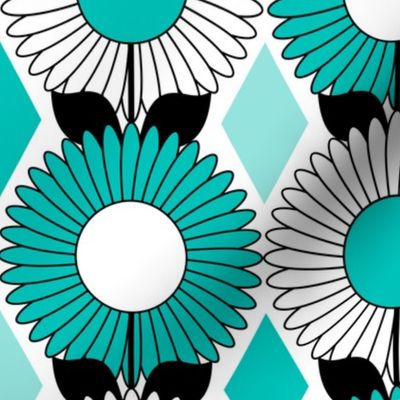 Modern Daisies and Diamonds // Turquoise Blue, Black and White // V1 // 571 DPI